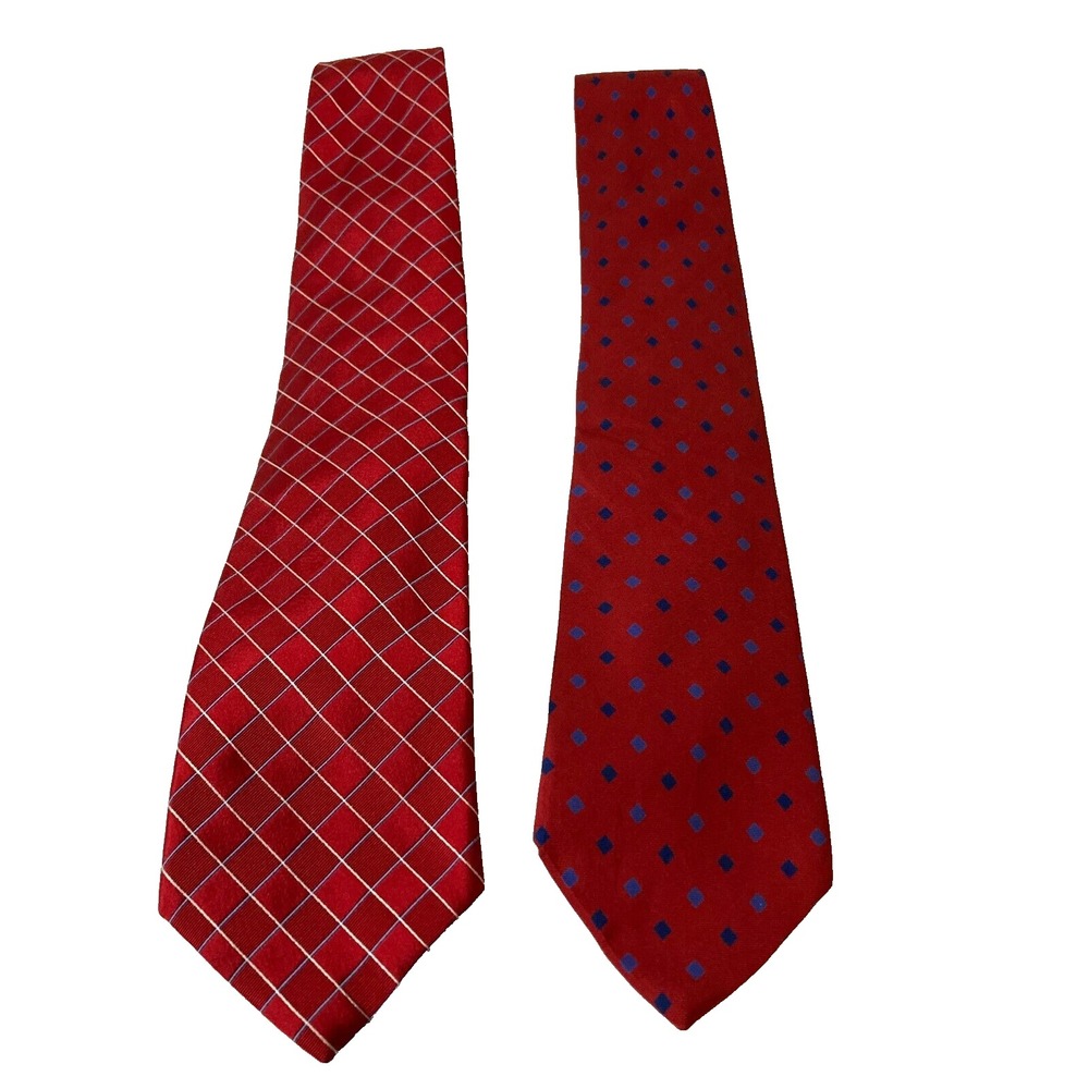 Vintage Lands' End Neck Ties, Lot of 2, 100% Silk,Blue Red, Handsewn in USA